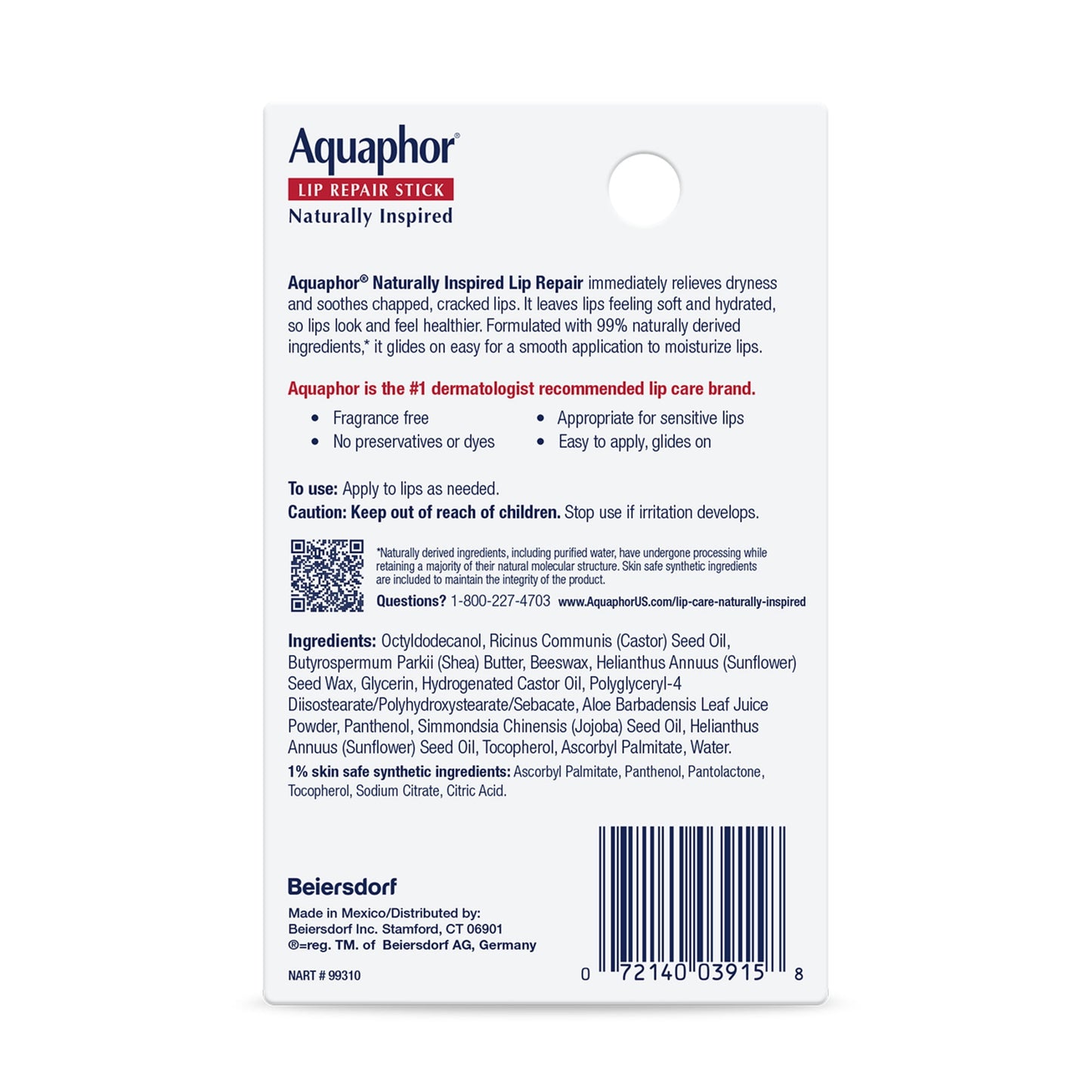 Aquaphor Naturally Inspired Lip Repair Balm Stick for Very Dry Lips with Aloe Vera, 0.17 oz