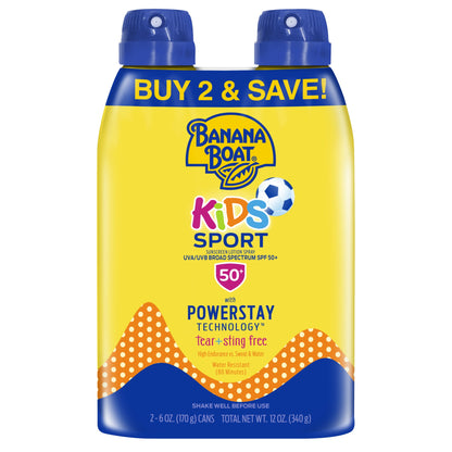 Banana Boat Kids Sport Sunscreen Spray SPF 50, Twin Pack, Kids Sunscreen Spray, Sunblock, 6 oz each