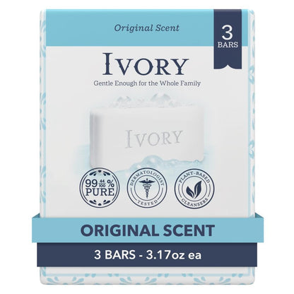 Ivory Gentle Bath Bar Soap, Designed for Whole Family, 99.44% Pure Formula with Plant-Based Cleansers, Made Without Heavy Perfumes, Parabens or Phthalates, Original Scent, 4.0 oz (4 Count)