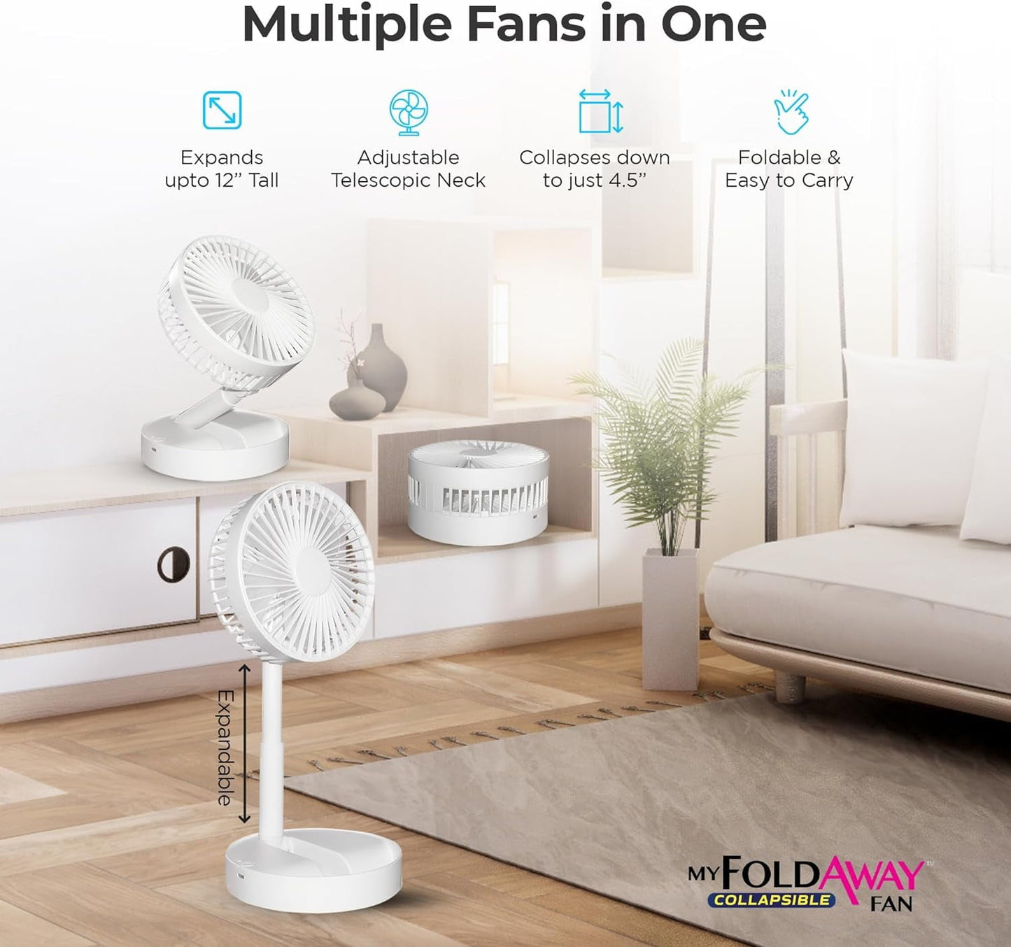 Bell + Howell My Foldaway Fan Rechargeable Fan Collapsible, Ultra Lightweight Portable Compact Extendable to 12" High with 2 Speed Modes As Seen On TV