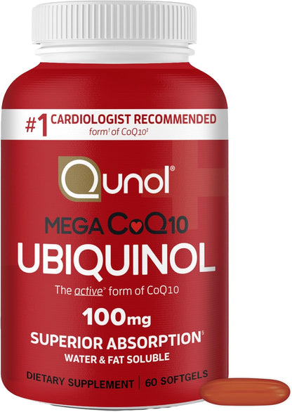 Qunol Mega Ubiquinol CoQ10 100mg, Superior Absorption, Patented Water and Fat Soluble Natural Supplement Form of Coenzyme Q10, Antioxidant for Heart Health, 120 Softgels