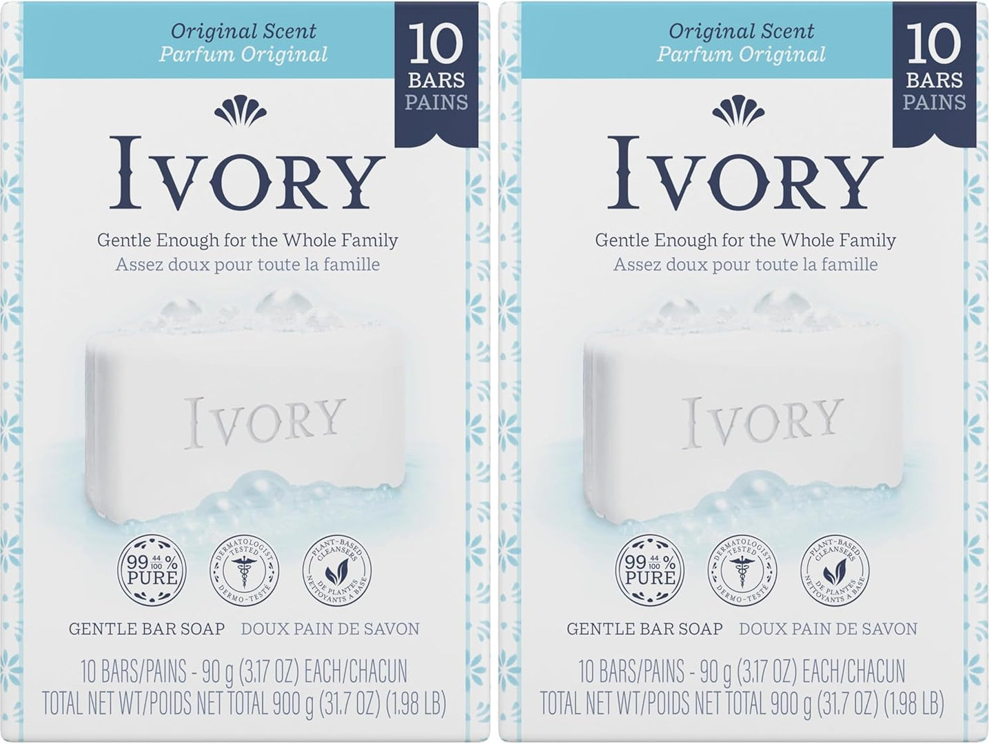 Ivory Gentle Bath Bar Soap, Designed for Whole Family, 99.44% Pure Formula with Plant-Based Cleansers, Made Without Heavy Perfumes, Parabens or Phthalates, Original Scent, 4.0 oz (4 Count)