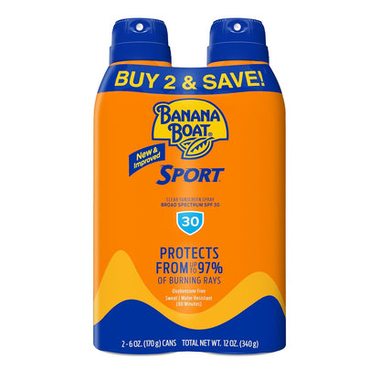 Banana Boat Sport Ultra SPF 30 Sunscreen Spray | Banana Boat Sunscreen Spray SPF 30, Water Resistant, Oxybenzone Free, 6oz each Twin Pack