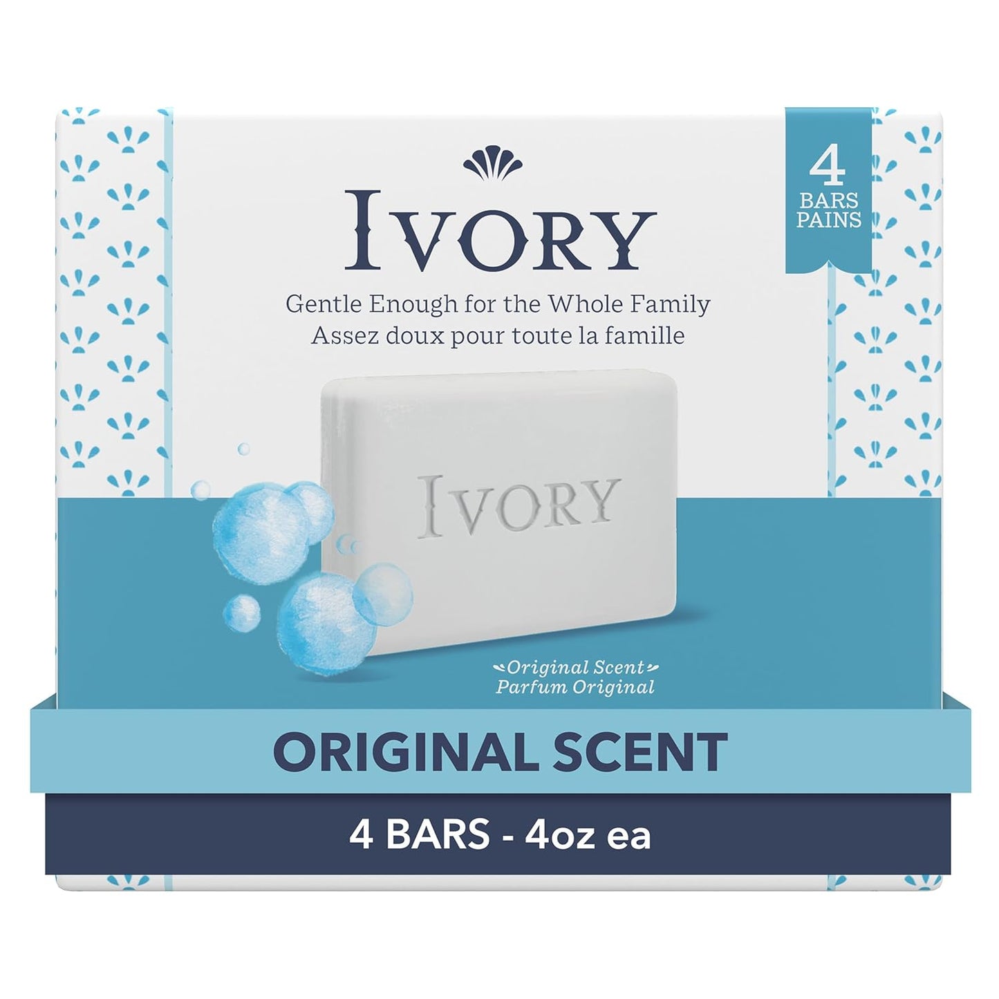 Ivory Gentle Bath Bar Soap, Designed for Whole Family, 99.44% Pure Formula with Plant-Based Cleansers, Made Without Heavy Perfumes, Parabens or Phthalates, Original Scent, 4.0 oz (4 Count)