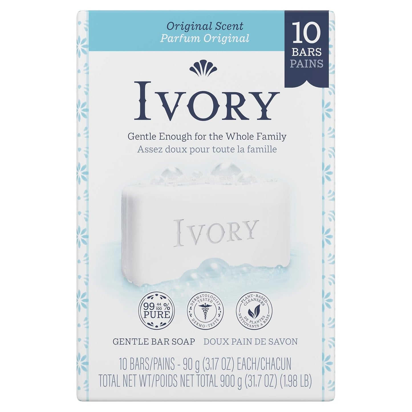 Ivory Gentle Bath Bar Soap, Designed for Whole Family, 99.44% Pure Formula with Plant-Based Cleansers, Made Without Heavy Perfumes, Parabens or Phthalates, Original Scent, 4.0 oz (4 Count)