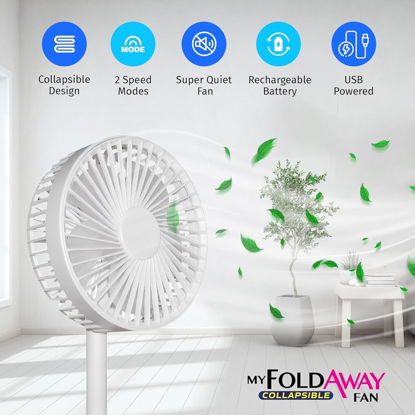 Bell + Howell My Foldaway Fan Rechargeable Fan Collapsible, Ultra Lightweight Portable Compact Extendable to 12" High with 2 Speed Modes As Seen On TV