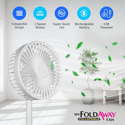 Bell + Howell My Foldaway Fan Rechargeable Fan Collapsible, Ultra Lightweight Portable Compact Extendable to 12" High with 2 Speed Modes As Seen On TV