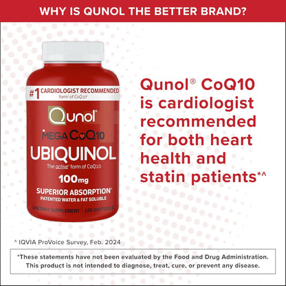 Qunol Mega Ubiquinol CoQ10 100mg, Superior Absorption, Patented Water and Fat Soluble Natural Supplement Form of Coenzyme Q10, Antioxidant for Heart Health, 120 Softgels