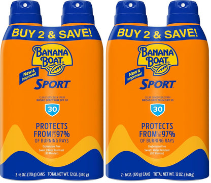 Banana Boat Sport Ultra SPF 30 Sunscreen Spray | Banana Boat Sunscreen Spray SPF 30, Water Resistant, Oxybenzone Free, 6oz each Twin Pack