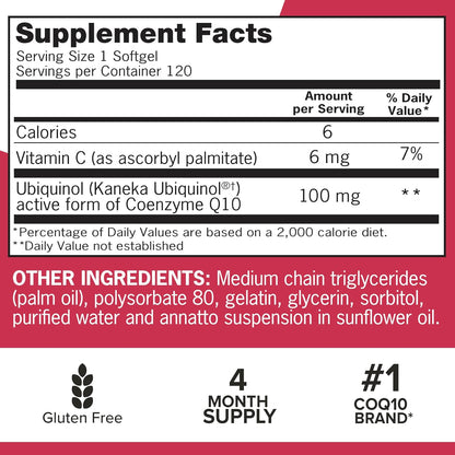 Qunol Mega Ubiquinol CoQ10 100mg, Superior Absorption, Patented Water and Fat Soluble Natural Supplement Form of Coenzyme Q10, Antioxidant for Heart Health, 120 Softgels