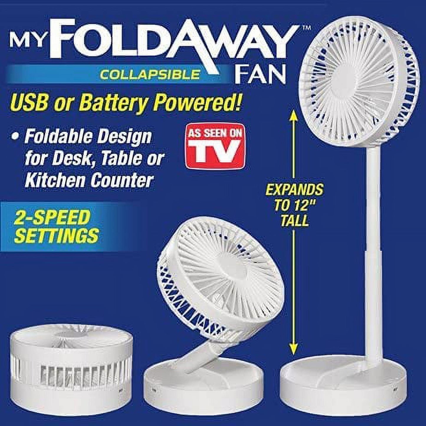 Bell + Howell My Foldaway Fan Rechargeable Fan Collapsible, Ultra Lightweight Portable Compact Extendable to 12" High with 2 Speed Modes As Seen On TV