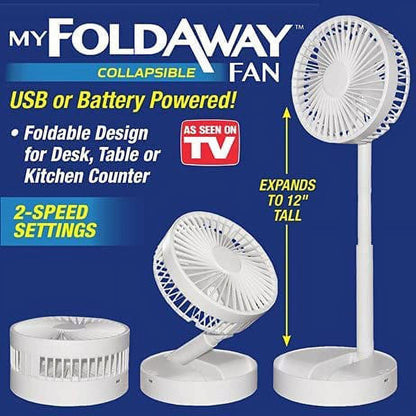 Bell + Howell My Foldaway Fan Rechargeable Fan Collapsible, Ultra Lightweight Portable Compact Extendable to 12" High with 2 Speed Modes As Seen On TV