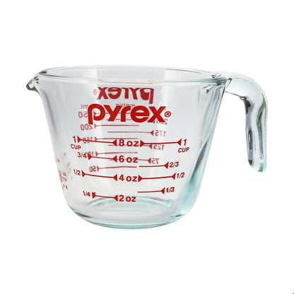 Pyrex 1-Cup Measuring Cup with Easy-Read Marks, Durable Glass, 8oz