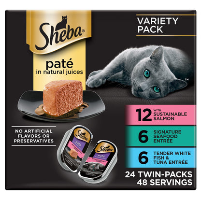 Sheba Perfect Portions Variety Pack Wet Cat Food Pate, 2.6 Oz Twin-Pack Trays, 24 Count (48 Servings)