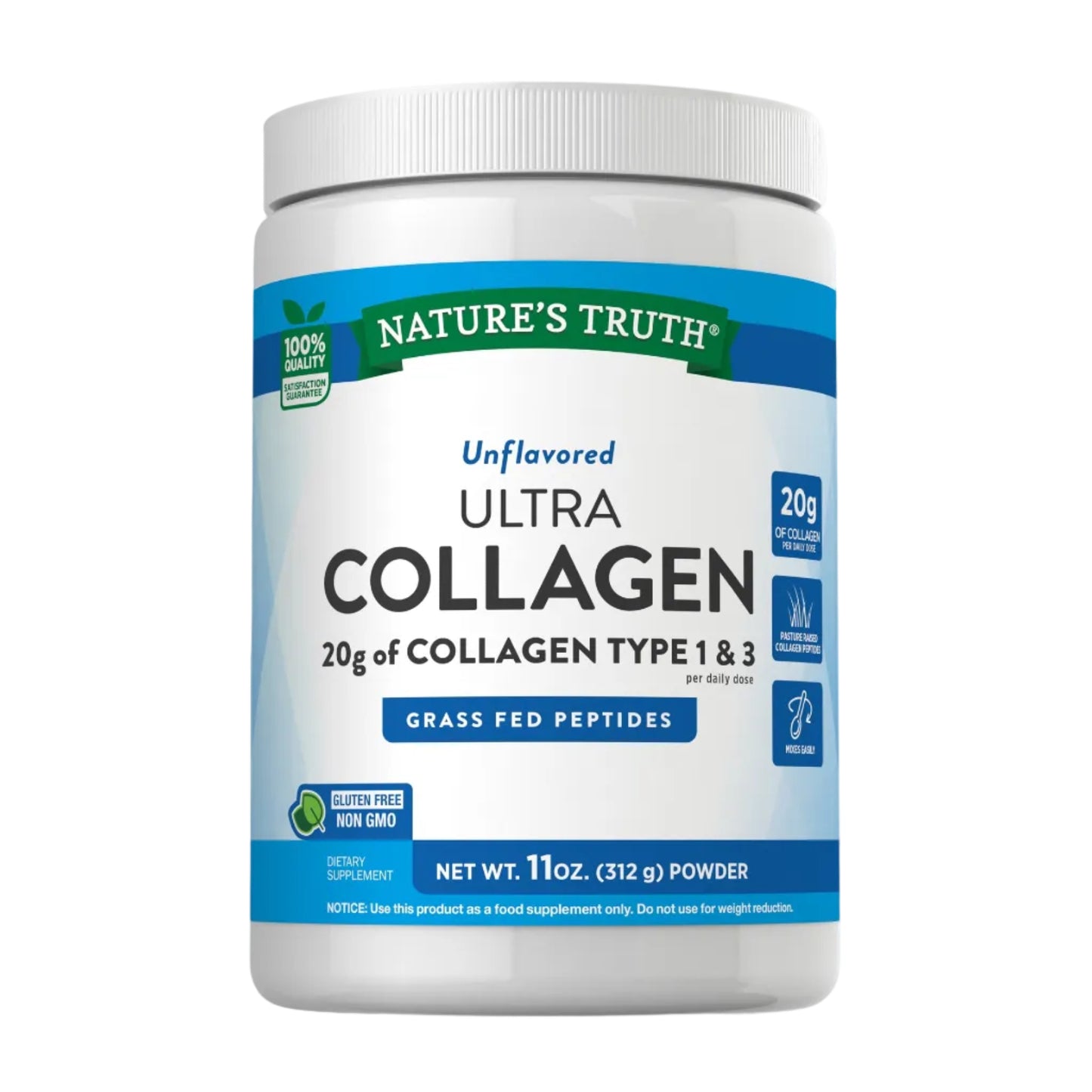 Nature's Truth Ultra Collagen Powder, Unflavored, 20g of Collagen Type 1 & 3, 11oz