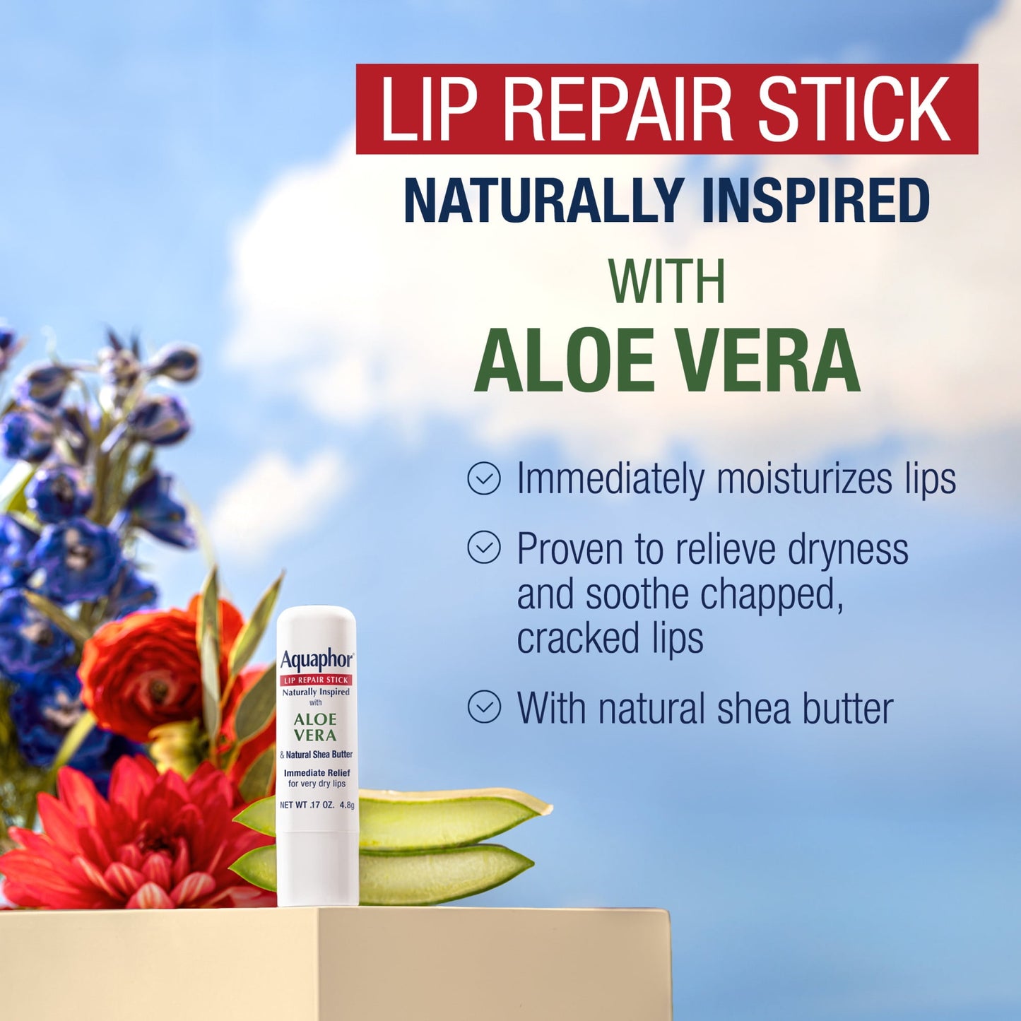 Aquaphor Naturally Inspired Lip Repair Balm Stick for Very Dry Lips with Aloe Vera, 0.17 oz