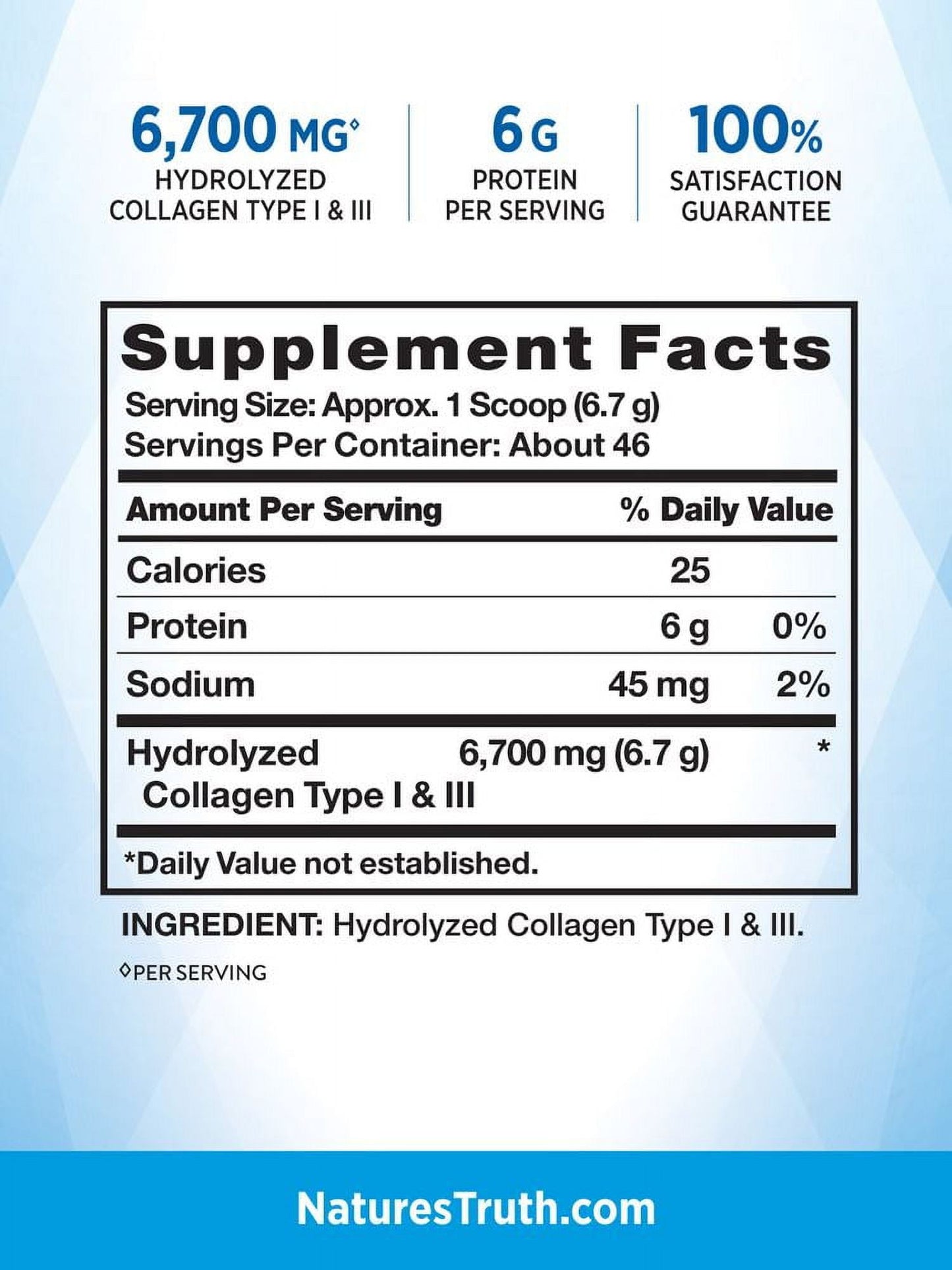 Nature's Truth Ultra Collagen Powder, Unflavored, 20g of Collagen Type 1 & 3, 11oz