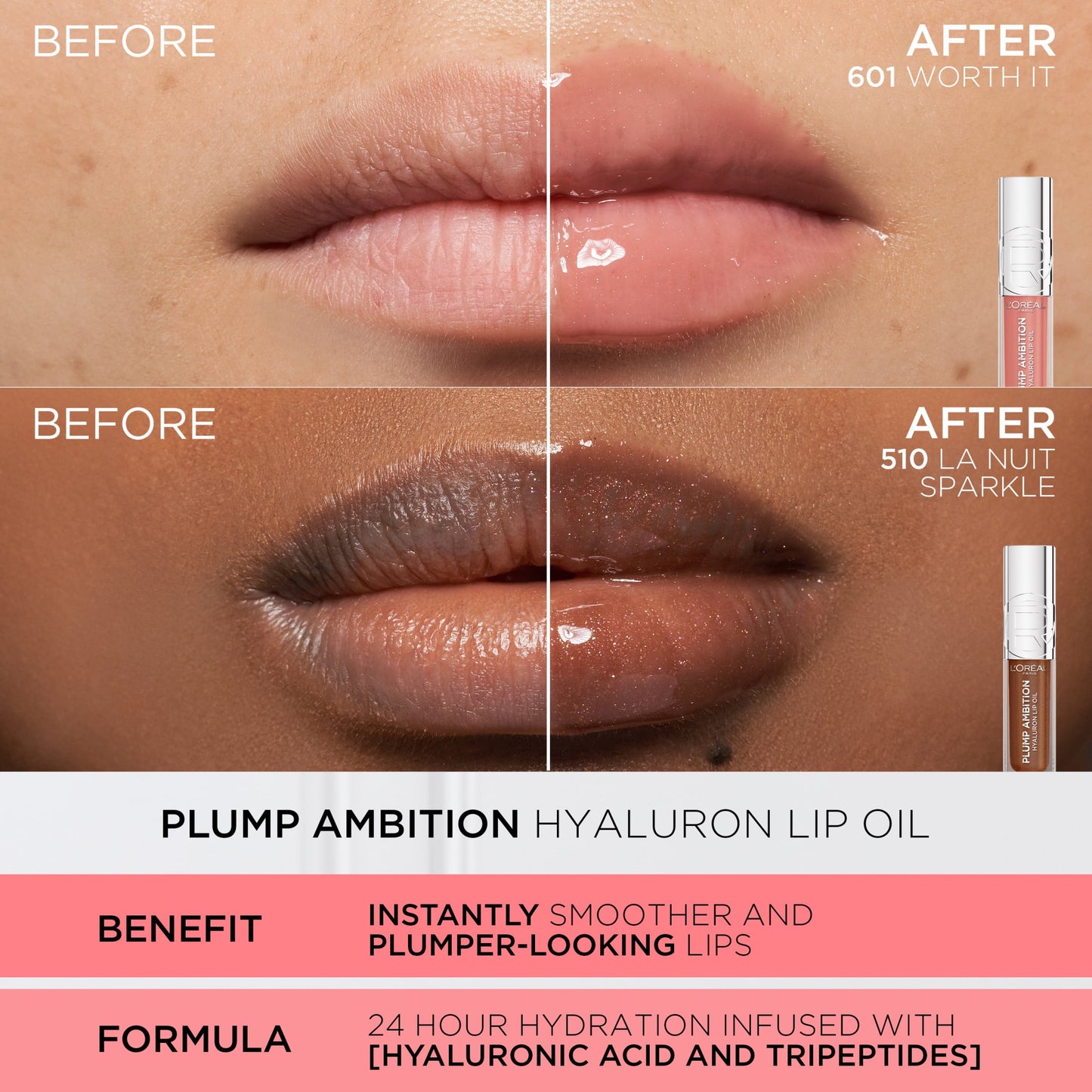 L'Oréal Paris Plump Ambition Hyaluron Lip Oil 24HR Care Lip Gloss with Hyaluronic Acid, Cristal Clear, 0.16 fl oz